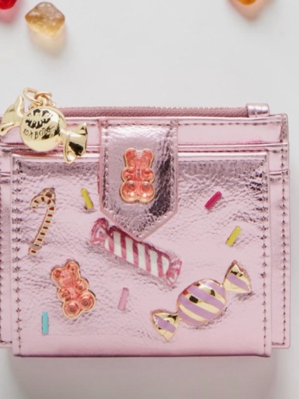 Betsey Johnson Metallic Pink Candy Charm Card Wallet